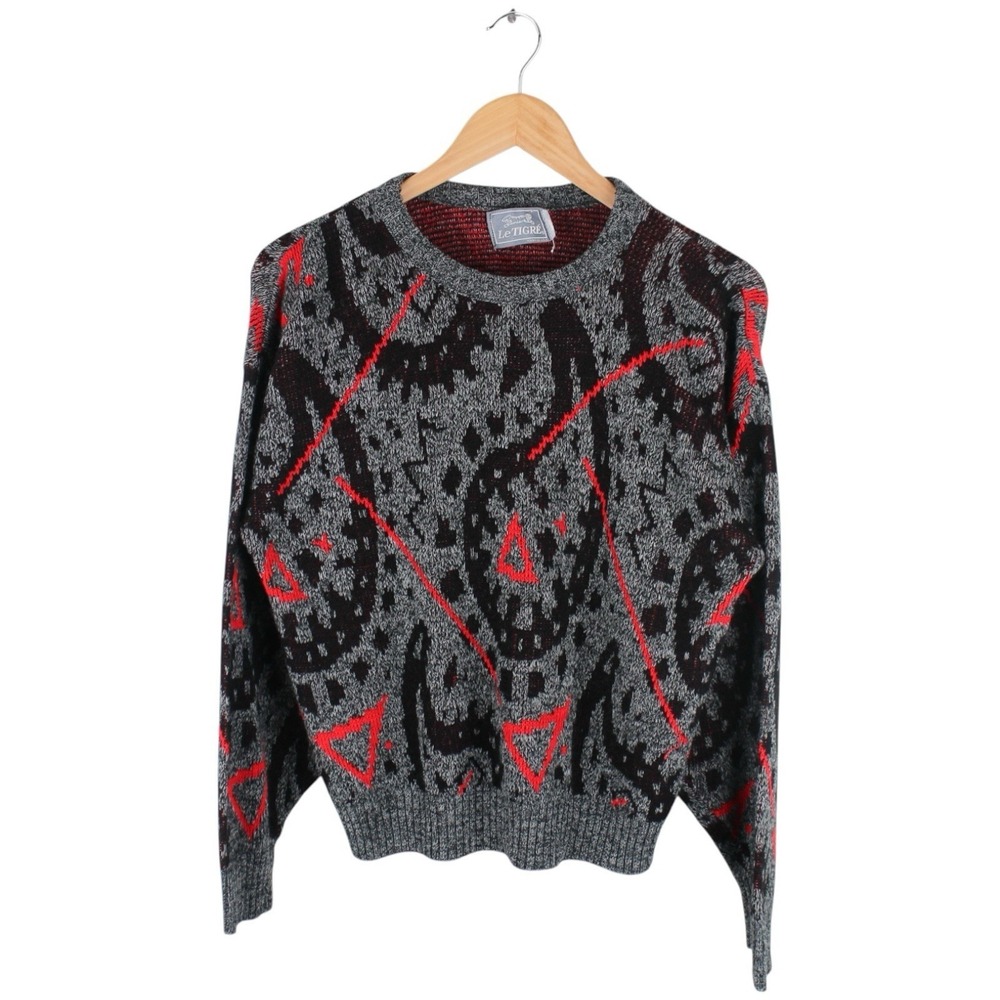Vintage Le Tigre Sweater Abstract Paisley Pattern Knit Gray Red Mens Size Small